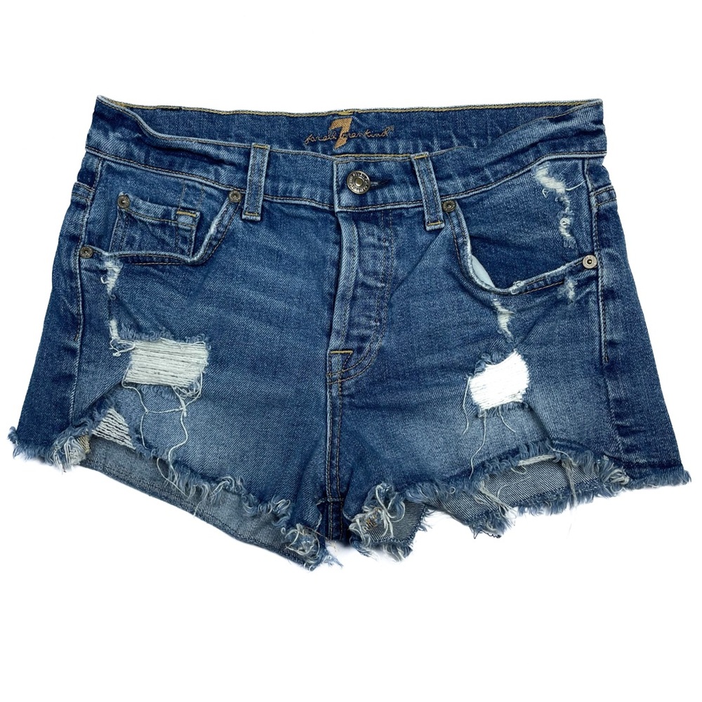 7 For All Mankind Cut Off Blue Distressed Denim‎ Shorts Size 25 Classic Casual